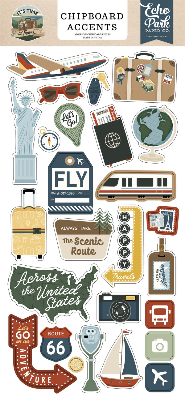 Echo Park - It's Time To Travel Chipboard Accents - Dimensional Embellishments