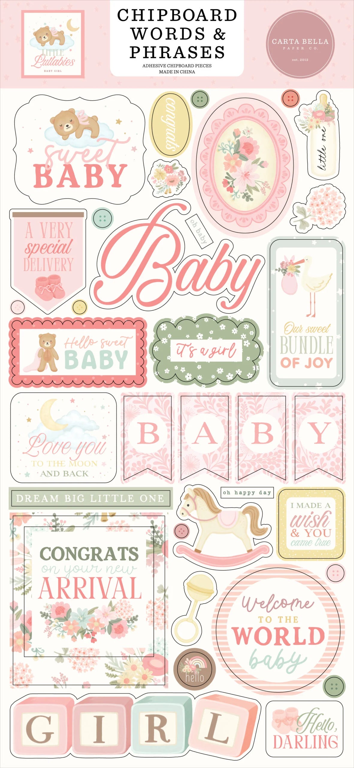 Little Lullabies – Baby Girl 6×13 Chipboard Words & Phrases
