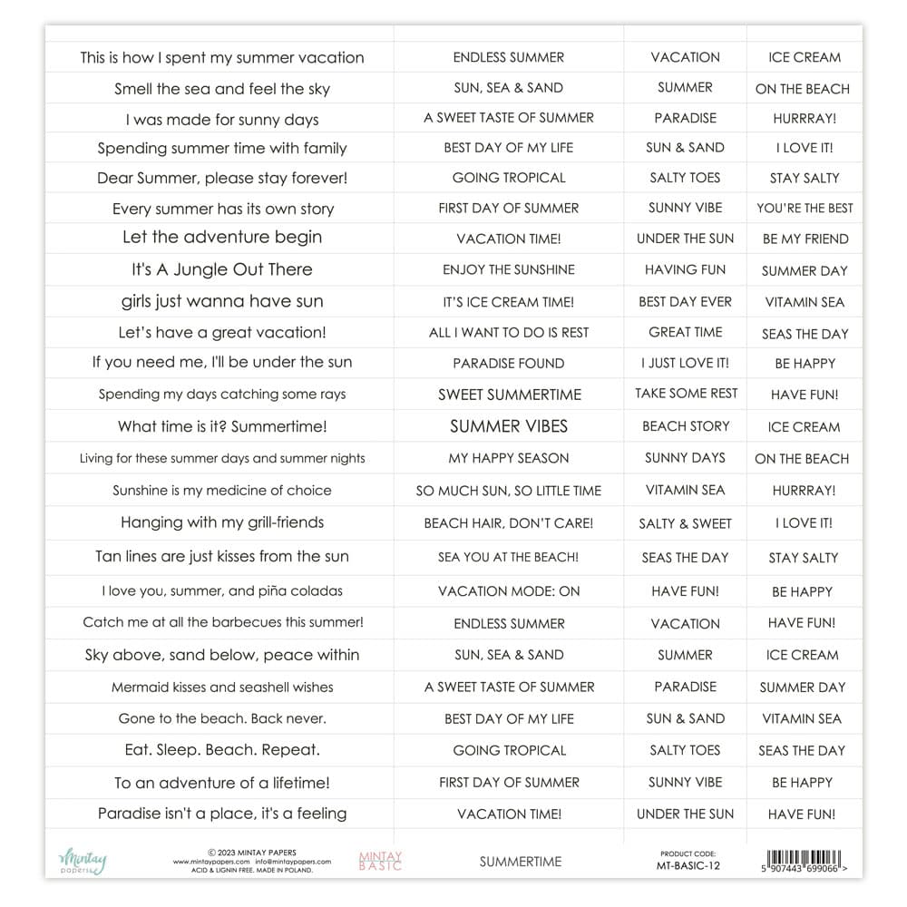 Basic Sentiment Sheet - Summertime