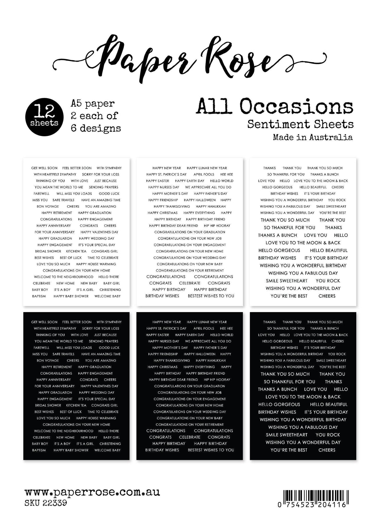 All Occasions Sentiments A5 12pc Sentiment Sheets