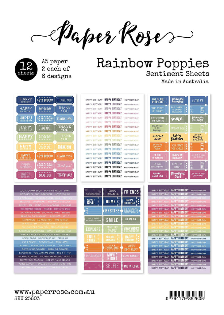Rainbow Poppies A5 12pc Sentiment Sheets
